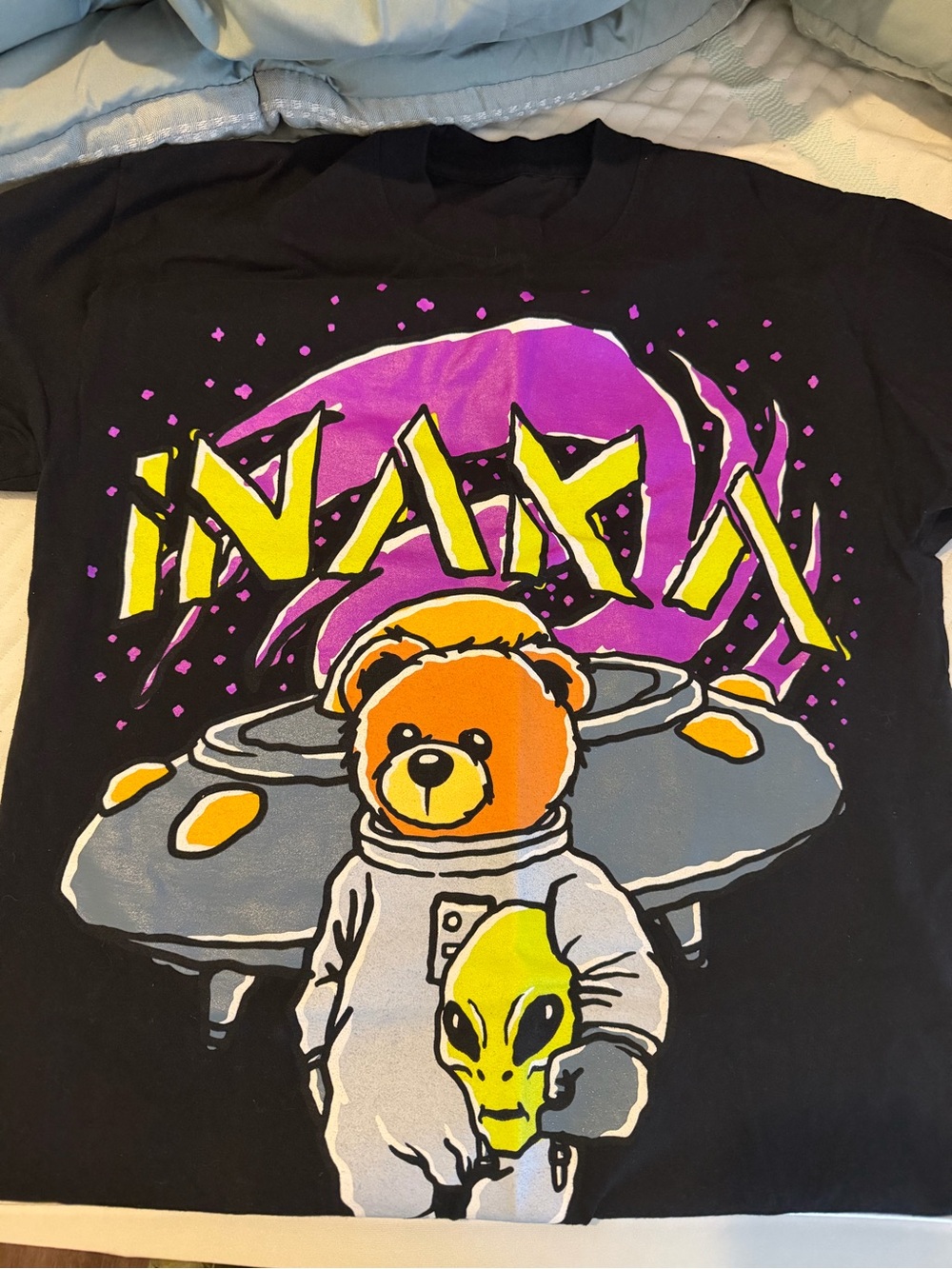 Mens Black Graphic Tee with Purple & Yellow Space Bear Design